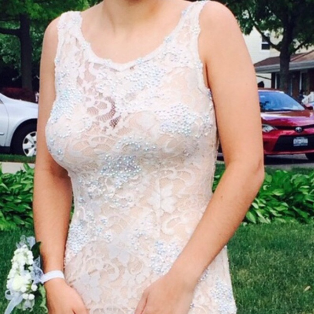Jovanni Lace and Rhinestone Fitted Nude Dress